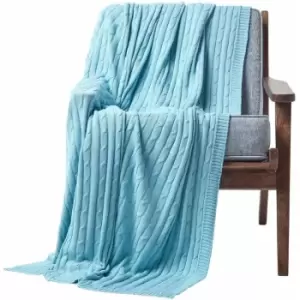 Cotton Cable Knit Pastel Blue Throw, 130 x 170cm - Blue - Homescapes