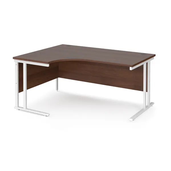 Maestro 25 Left Hand Ergonomic Office Desk with White Cantilever Frame and Walnut Top - 1600mm Wide