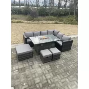 Fimous 6 Seater Dark Grey Rattan Corner Sofa Dining Complete Set with Gas Firepit, 2 Stools and Big Footstool