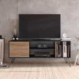 Decorotika Mistico 140 Cm Wide Modern Metal TV Stand, TV Console, TV Unit, Media Centre, Media Console With Open Shelves And Cabinet - Black & Walnut