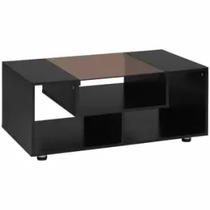 HOMCOM Modern Coffee Table With Tempered Glass Top And 3-tier Storage Shelves Black