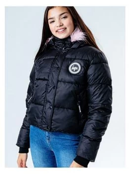 Hype Girls Pink Trim Cropped Padded Jacket - Black, Size 13 Years, Women