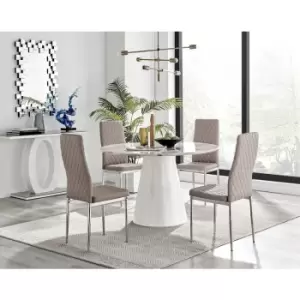 Furniturebox Palma White Marble Effect 120cm Round Minimalist Dining Table & 4 Cappuccino Milan Chrome Leg Faux Leather Chairs