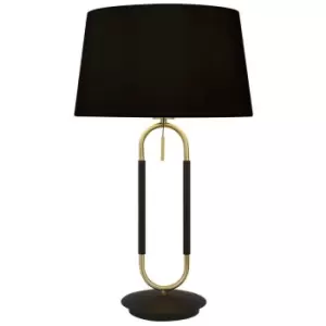 Searchlight Jazz 1 Light Table Lamp, Satin Brass And Black Velvet Shade Pull Switch