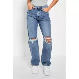 I Saw It First Mid Wash Ripped Knee Baggy Jeans - Blue