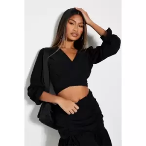 I Saw It First Puff Sleeve Wrap Front Crop Top Co-Ord - Black