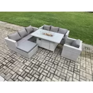 Fimous 7 Seater Outdoor Light Grey Rattan Lounge Complete Sofa Set with Gas Fire Pit Dining Table and Big Footstool