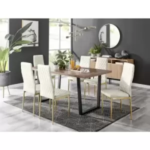 Furniturebox UK - Furniturebox Kylo Brown Wood Effect Dining Table & 6 Cream Milan Velvet Dining Chairs With Gold Legs Diamond Stitch Modern