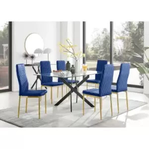 Furniturebox UK - Furniturebox Leonardo 6 Black Leg Glass Dining Table and 6 Navy Milan Velvet Dining Chairs With Gold Legs Diamond Stitch Modern