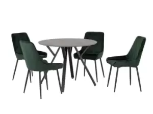 Seconique Athens Concrete Effect Round Dining Table with 4 Avery Green Velvet Chairs