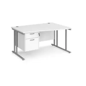 Office Desk Right Hand Wave Desk 1400mm With Pedestal White Top With Silver Frame Maestro 25 MC14WRP2SWH