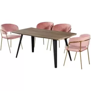 Life Interiors - 5 Pieces Atarah Rocco Dining Set - a Walnut Rectangular Dining Table and Set of 4 Pink Dining Chairs - Pink