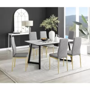 Furniturebox UK - Furniturebox Carson White Marble Effect Rectangular 160cm Dining Table & 6 Grey Milan Gold Leg Faux Leather Chairs