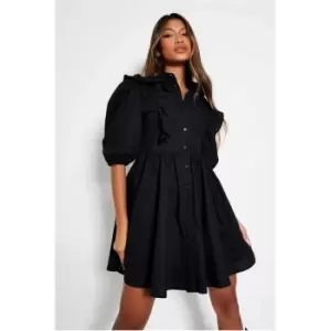 I Saw It First Black Cotton Poplin Puff Sleeve Frill Detail Smock Dress - Black