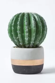 Golden Barrel Artificial Cactus in Contemporary Stone Pot, 19cm Tall