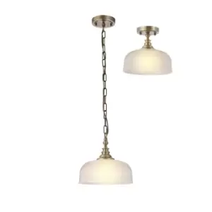 DeRuyter Flush, Single Ceiling Pendant, Adjustable E27, Antique Brass, Prismatic Glass