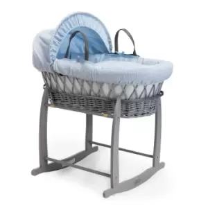 Clair de Lune Waffle Grey Wicker Moses Basket in Blue & Grey Deluxe Rocking Stand - Blue