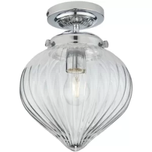 Endon Cheston Semi Flush Ceiling Light Chrome, Clear Ribbed Glass Globe Shade, IP44