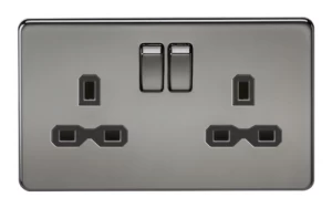 KnightsBridge 2G DP 13A Screwless Black Nickel 230V UK 3 Pin Switched Electric Wall Socket - Black Insert