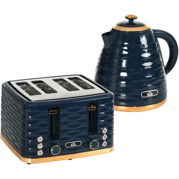 HOMCOM Kettle and Toaster Set 1.7L Rapid Boil Kettle & 4 Slice Toaster Blue - Blue - Homcom 5056725351786