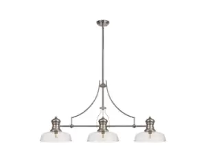 3 Light Telescopic Ceiling Pendant E27 With 30cm Flat Round Glass Shade, Polished Nickel, Clear