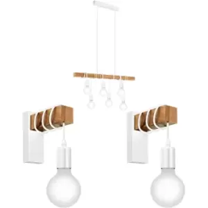 Multi Bulb Ceiling Pendant Light & 2x Matching Wall Lights White & Wood Trendy