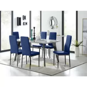 Furniturebox Andria Black Leg Marble Effect Dining Table and 6 Navy Velvet Milan Dining Chairs With Black Legs