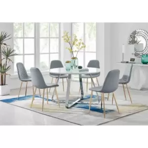 Furniture Box Santorini White Round Dining Table and 6 Grey Corona Gold Leg Chairs