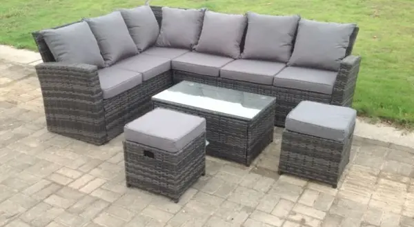 Fimous 6 Seater Outdoor Dark Grey Rattan Lounge Complete Sofa Set with Oblong Coffee Table and 2 Footstools