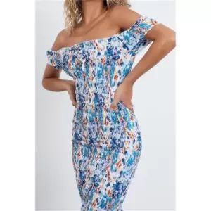 I Saw It First Blue Abstract Floral Print Shirred Body Frill Midi Dress - Blue