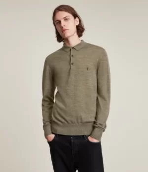 AllSaints Mens Mode Merino Long Sleeve Polo Shirt, Green, Size: XS