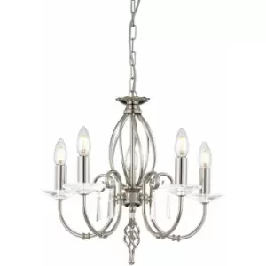 Loops - 5 Bulb Chandelier Cut Glass Droplets Curved Stem Polished Nickel LED E14 60W