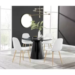 Furniture Box Palma Black Semi Gloss Round Dining Table and 4 White Corona Gold Leg Chairs