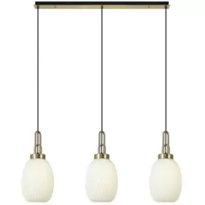 Luminosa Yorktown Linear 3 Light Ceiling Pendant E27 With 20cm Almond Ribbed Glass, Opal Brass Gold, Matt Black