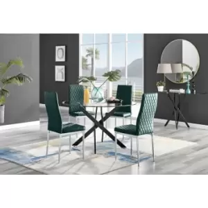 Furniturebox Novara Black Leg 120cm Round Glass Dining Table & 4 Green Milan Velvet Dining Chairs Diamond Stitch Modern Contemporary Chrome Metal