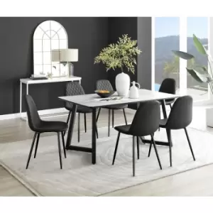 Furniturebox UK - Furniturebox Carson White Marble Effect Rectangular 160cm Dining Table & 6 Black Corona Faux Leather Dining Chairs with Black Legs