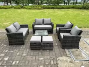 Fimous 6 Seater Outdoor Dark Grey Rattan Lounge Complete Sofa Set with Regular Square Coffee Table and 2 Stools