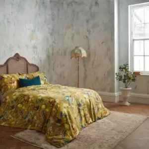 Morton Floral Printed Cotton Sateen Piped Duvet Cover Set Ochre, Ochre / Double