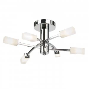 6 Light Semi Flush Multi Arm Ceiling Light Chrome, Acid Etched Glass, G9