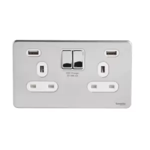 Schneider USFP 2G Switched Socket Double Pole 2x USB 4A White Insert Polished Chrome - GGBGU3424DWPC