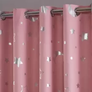 Dreamscene Star Blackout Curtains Pair Eyelet Ready Made Kids Pink - 46" X 72"