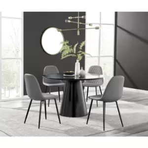 Furniturebox Palma Black Semi Gloss 120cm Round Minimalist Dining Table & 4 Grey Corona Faux Leather Dining Chairs with Black Legs Diamond Stitch