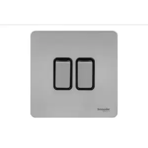 Schneider Electric Ultimate Screwless Flat Plate - Double Rocker 2 Way Light Switch, Single Pole, 16AX, GU1422BSS, Stainless Steel with Black Insert