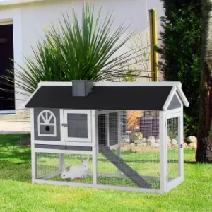 PawHut Rabbit Hutch Wood Bunny Cage for Outdoor Indoor with Pull Out Tray Run Box Ramp Asphalt Roof for Small Animals Grey