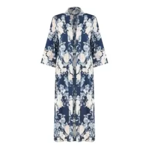 Yumi Navy Floral Satin Kimono - Blue