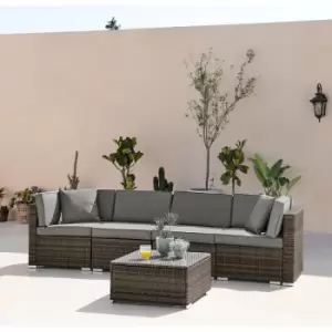 Furniturebox ORLANDO Brown 4 Seater Modular PE Rattan Outdoor Garden Sofa Set with Glass Topped Coffee Table and Grey Cushions