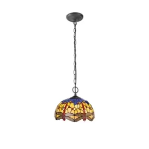 2 Light Downlighter Ceiling Pendant E27 With 30cm Tiffany Shade, Blue, Orange, Crystal, Aged Antique Brass