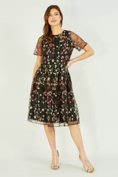 Black Embroidered Floral Skater Dress