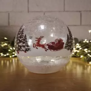 15cm Battery Operated Warm White LED Crackle Effect Ball Christmas Decoration with Reindeer and Sleigh