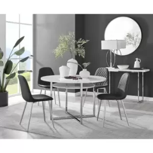 Furniturebox Adley White High Gloss 120cm Storage Dining Table & 4 Black Corona Faux Leather Dining Chairs with Silver Legs Diamond Stitch